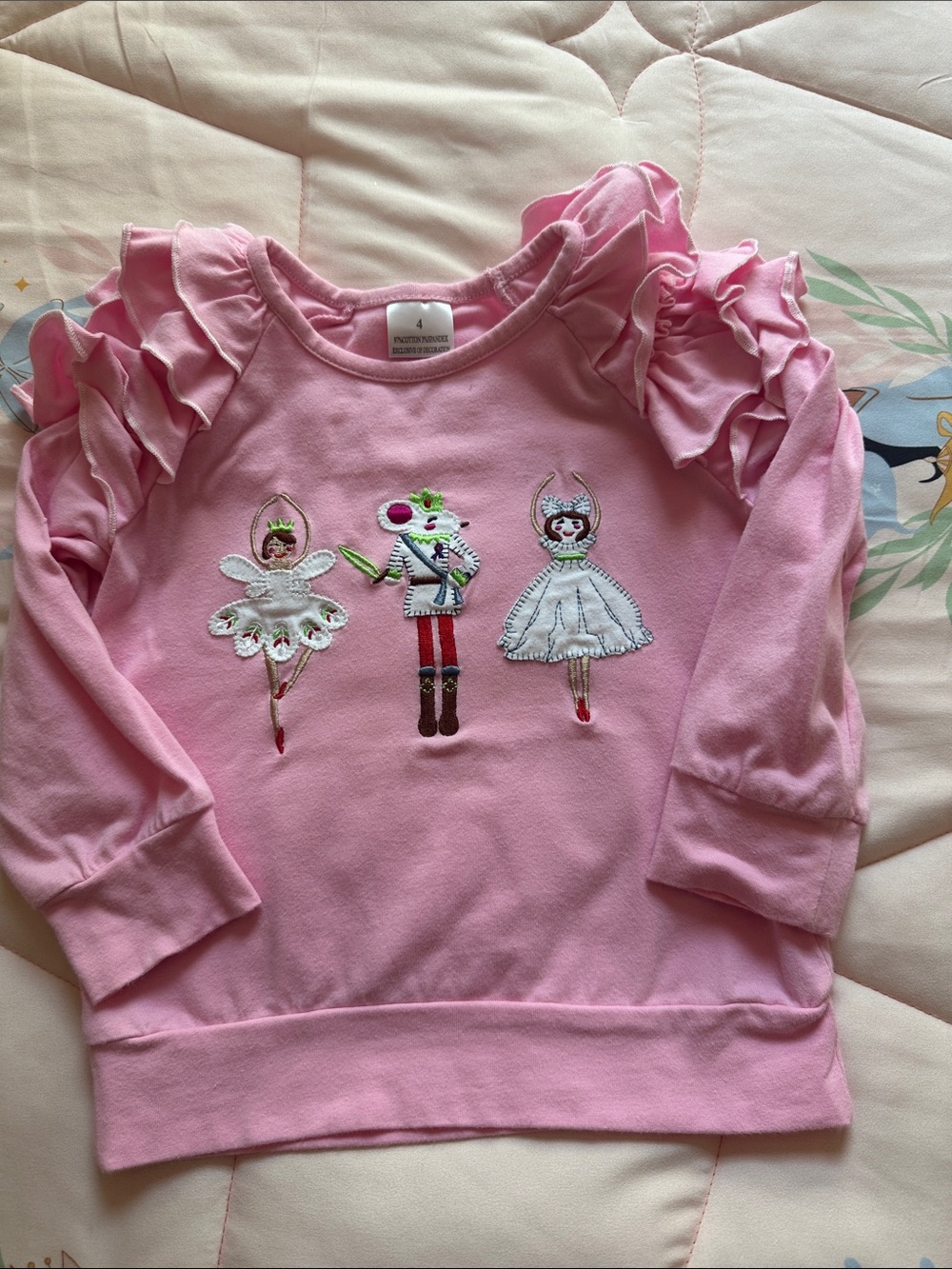 Girls Pink Ruffle Shoulder Nutcracker & Ballerina Sweatshirt